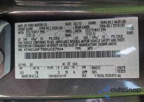 2013 Ford Escape S z USA, uszkodzony, nr VIN 1FMCU0F76DUC67904